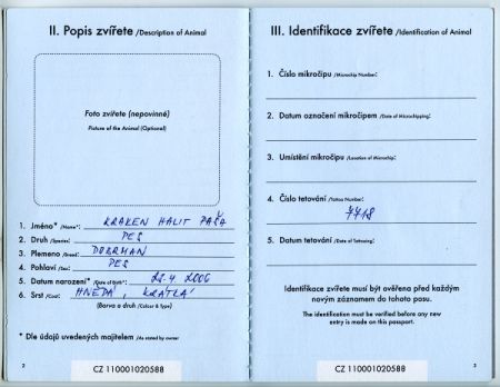 Pas zvířete v zájmovém chovu (EU) - identifikační údaje
